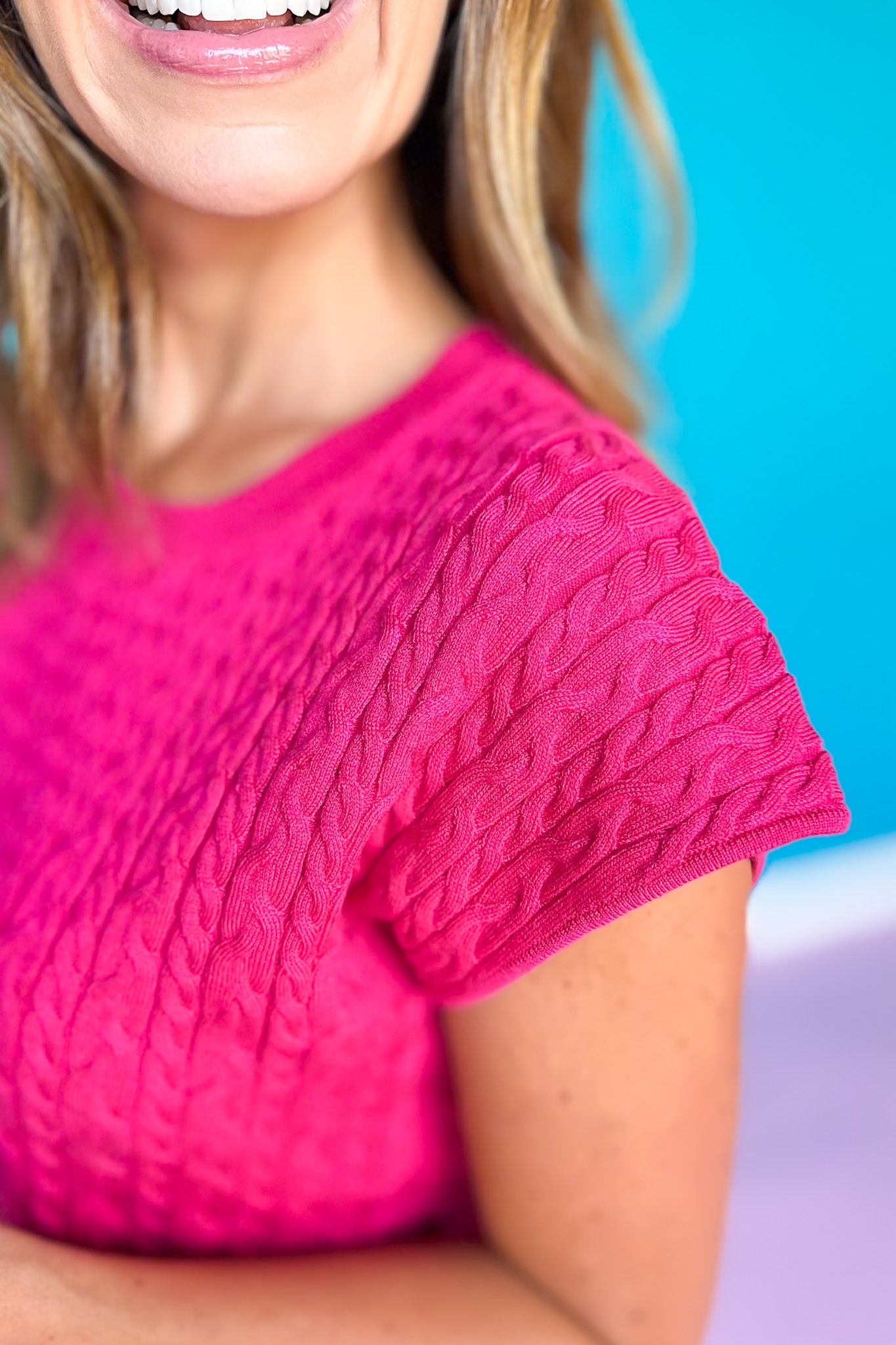 SSYS Colby Cable Knit Short Sleeve Sweater In Pink