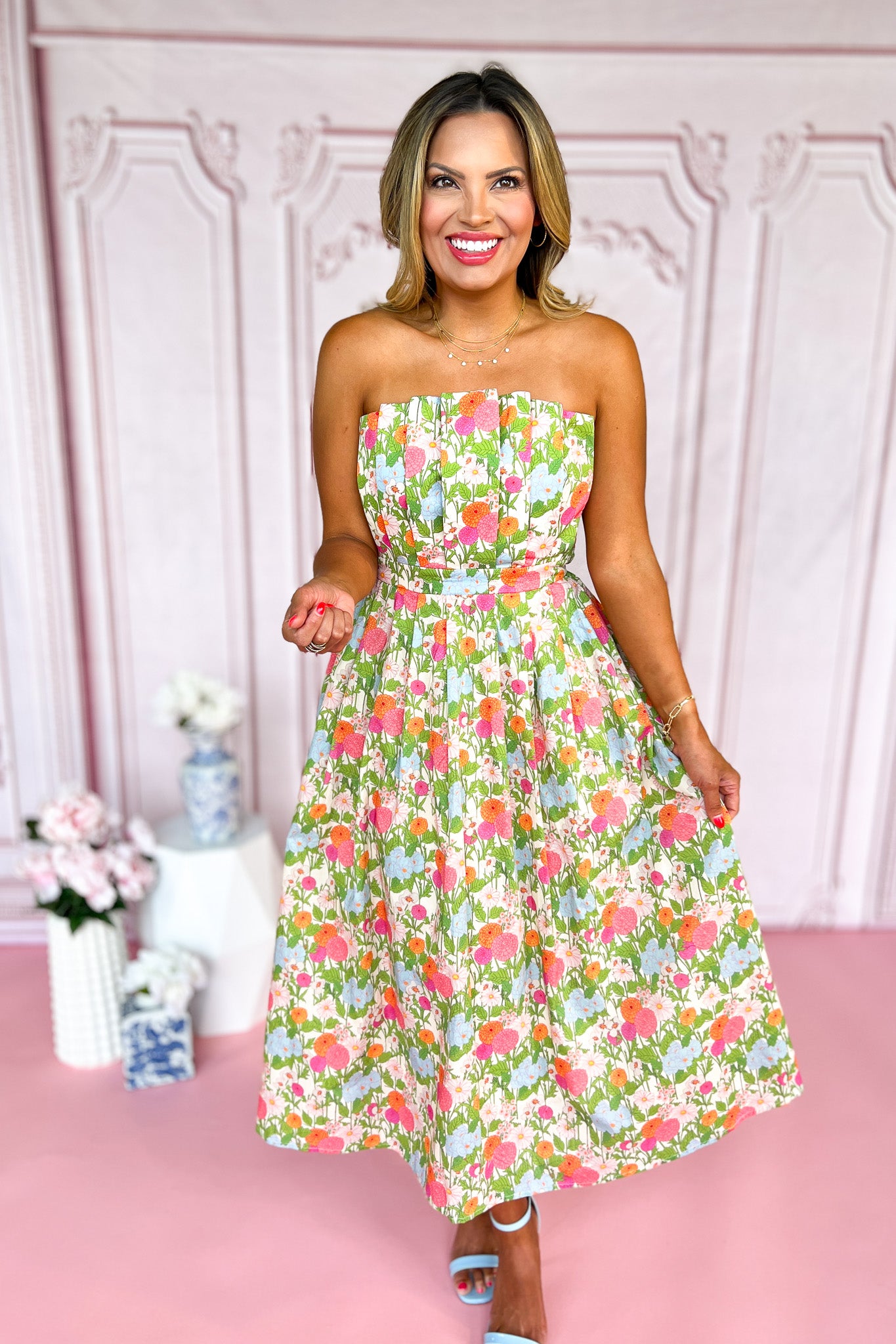 Marigold Multi Floral Strapless Pleated Midi Dress