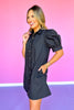 Black Collared Button Down Swirl Trim Short Puff Sleeve Dress
