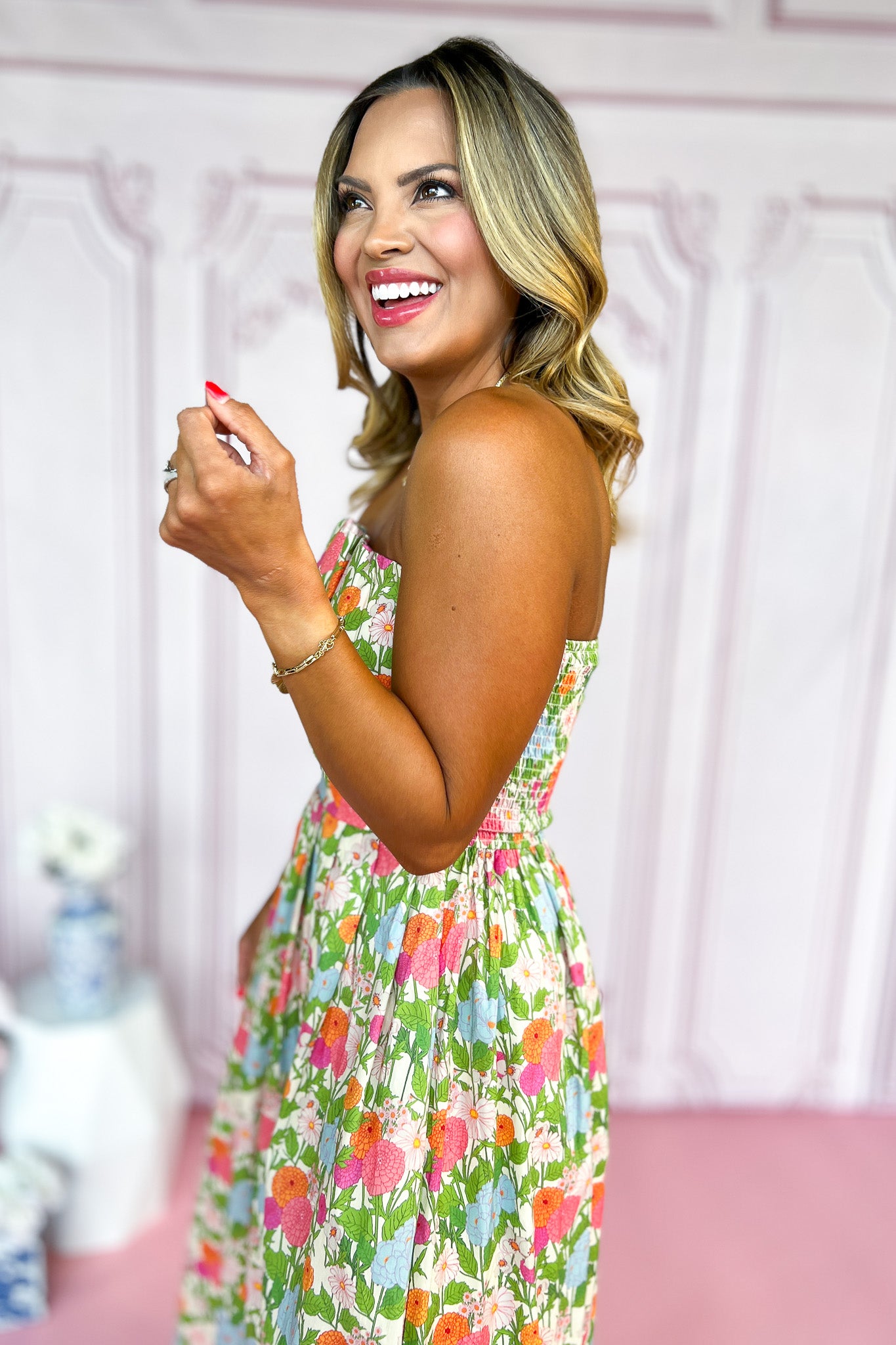 Marigold Multi Floral Strapless Pleated Midi Dress