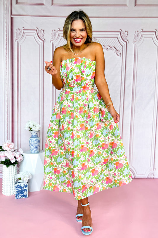 Marigold Multi Floral Strapless Pleated Midi Dress