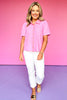 Pink Textured Woven Contrast Collar Placket Short Sleeve Top