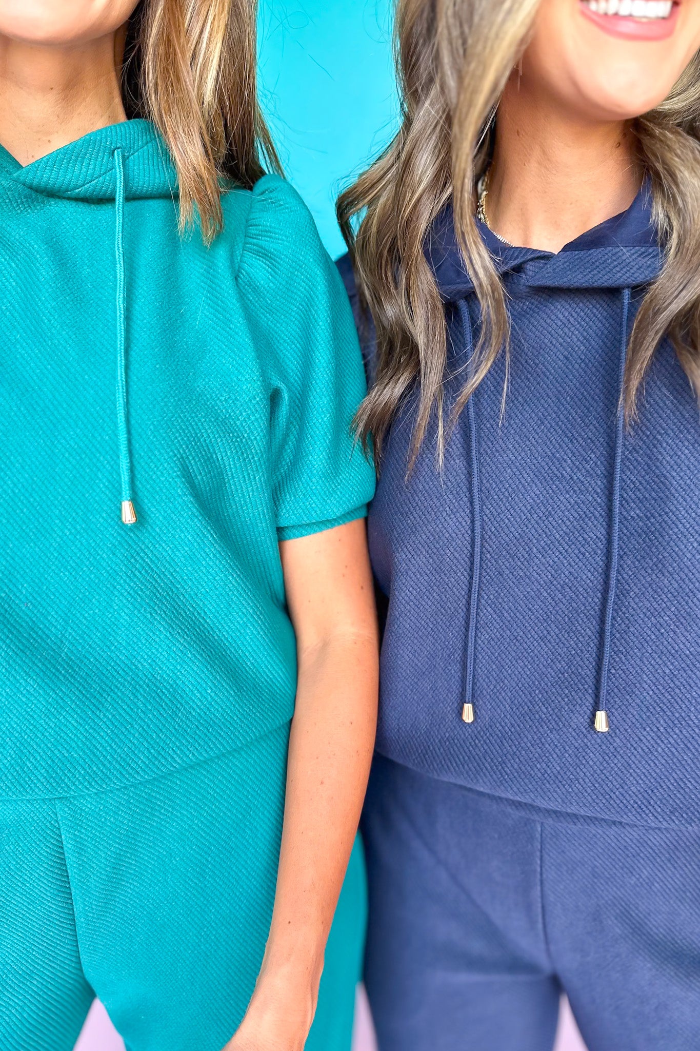 SSYS Sophie Puff Sleeve Ribbed Quilted Hoodie Top In Navy