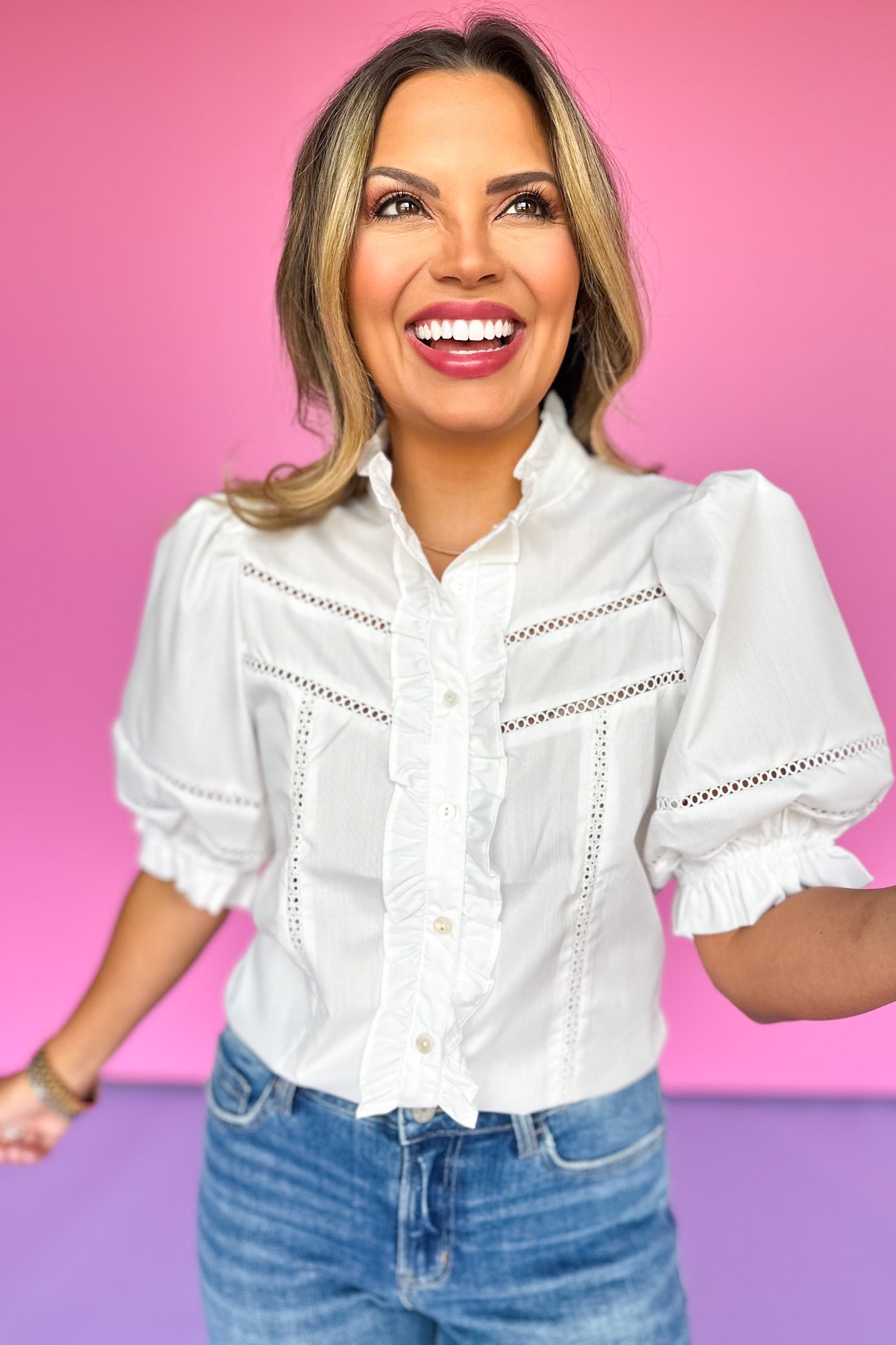 Off White Lattice Trim Inset Short Puff Sleeve Top *FINAL SALE*