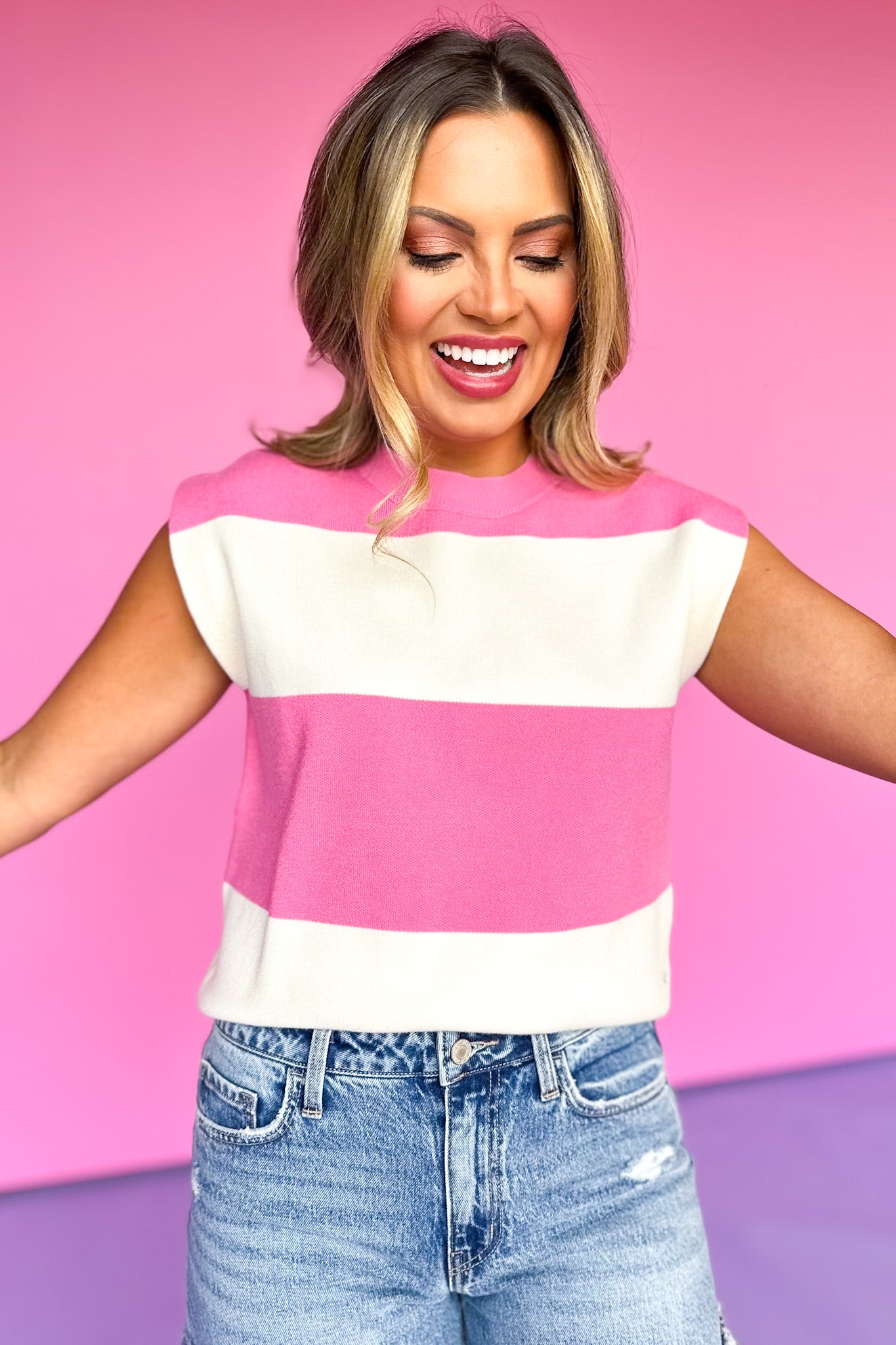 Pink Knit Striped Sweater Top