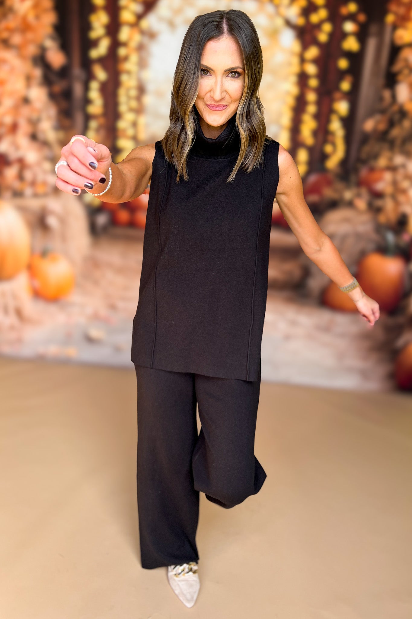 SSYS The Lynn Sleeveless Mock Neck Wide Leg Pants Knit Set In Black, perfect set, luxe fabric set, cozy set, perfect fall set, must have set, elevated basics, fall basics, SSYS the label by mallory fitzsimmons