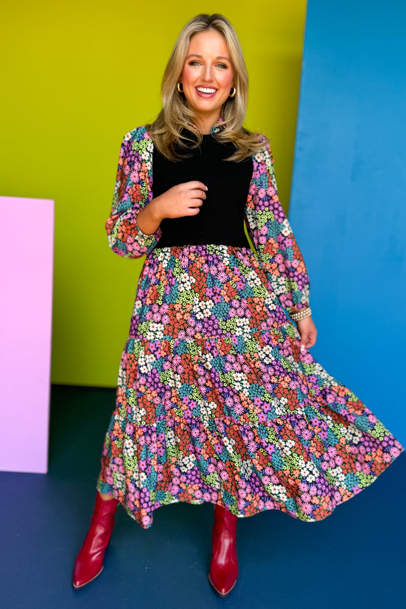 SSYS The Hillary Black Knit Top Ditsy Floral Midi Dress, ssys fall collection, ssys fall, fall style, fall outfit, must have fall, elevated fall, mom style, office style, office outfit, fall dress, elevated dress, ssys dress, ssys by mallory fitzsimmons