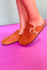 Tan Suede Buckle Flat Clogs