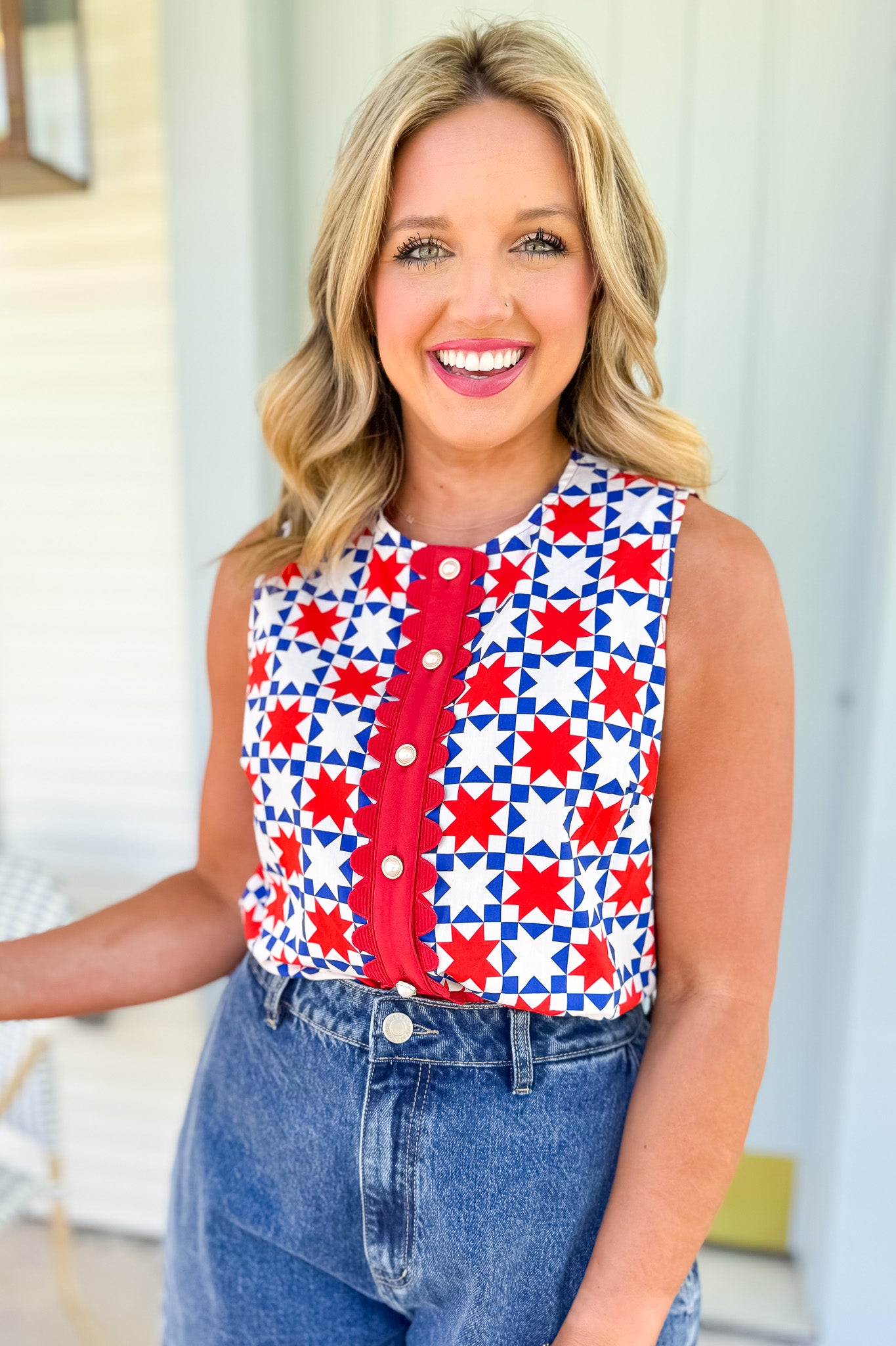 SSYS Sleeveless Everly Scallop Trim Top In White Red Patchwork, ssys design, updated print, patriotic, easy to wear, summer ready, ssys by mallory fitzsimmons