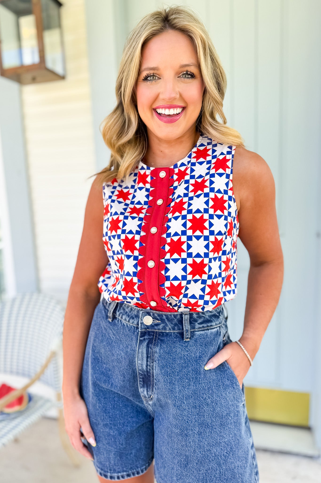 SSYS Sleeveless Everly Scallop Trim Top In White Red Patchwork, ssys design, updated print, patriotic, easy to wear, summer ready, ssys by mallory fitzsimmons