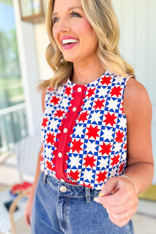 SSYS Sleeveless Everly Scallop Trim Top In White Red Patchwork, ssys design, updated print, patriotic, easy to wear, summer ready, ssys by mallory fitzsimmons