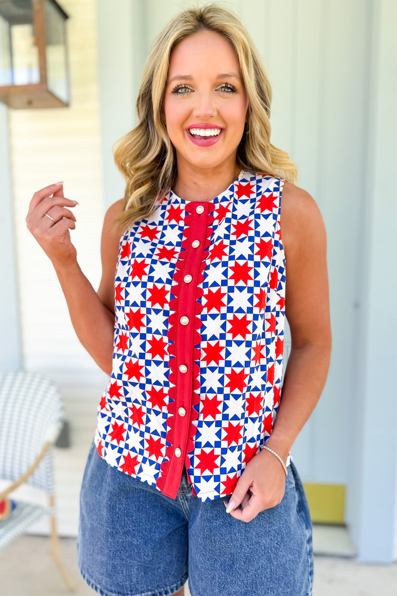 SSYS Sleeveless Everly Scallop Trim Top In White Red Patchwork