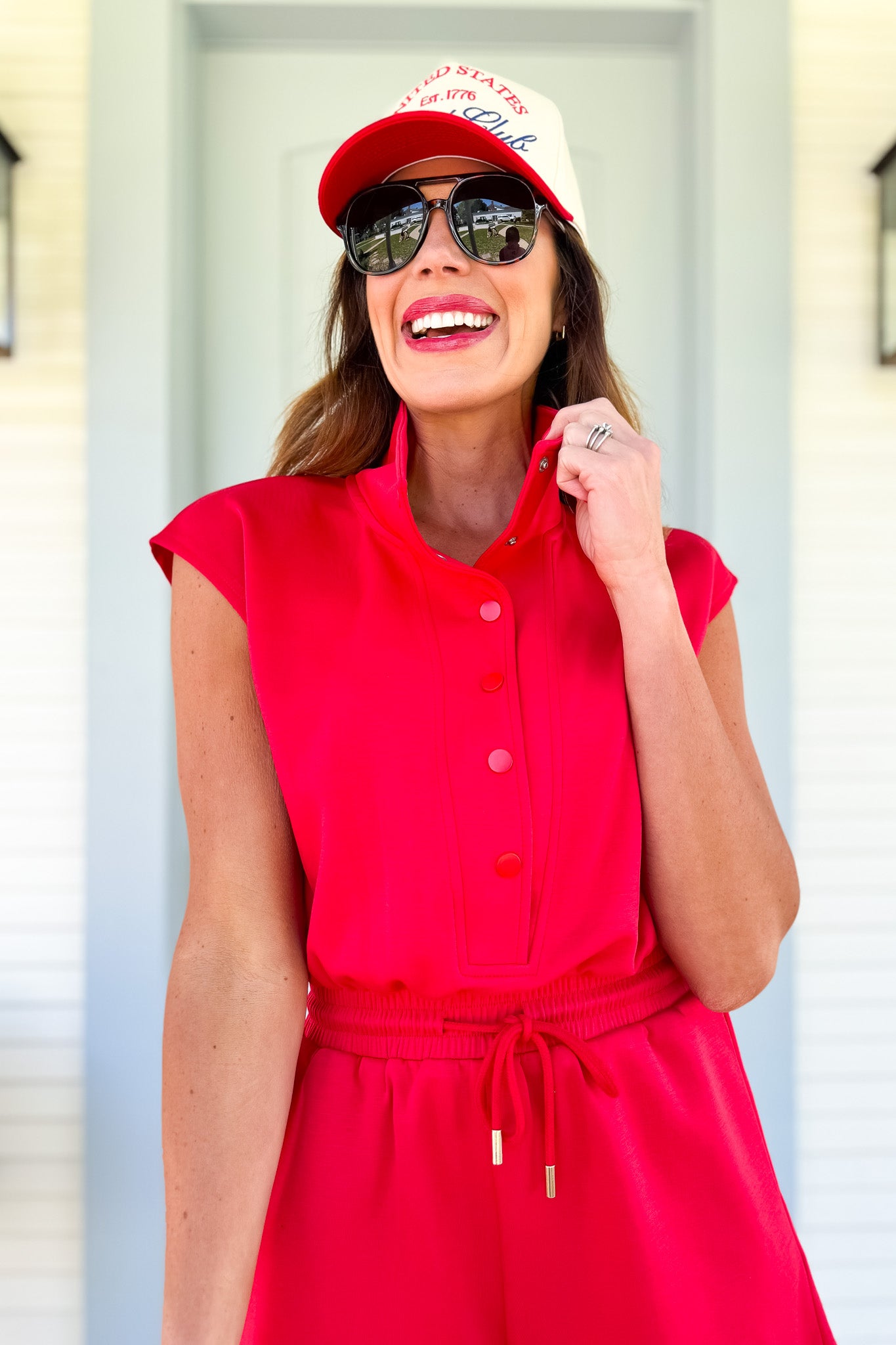 SSYS Amelia Button Funnel Neck Air Romper In Red, easy romper, elevated style, new arrivals, exclusive to ssys, ssys by mallory fitzsimmons