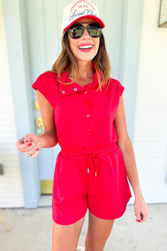 SSYS Amelia Button Funnel Neck Air Romper In Red, easy romper, elevated style, new arrivals, exclusive to ssys, ssys by mallory fitzsimmons