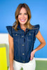 Indigo Denim Flutter Sleeve Button Down Top *FINAL SALE*