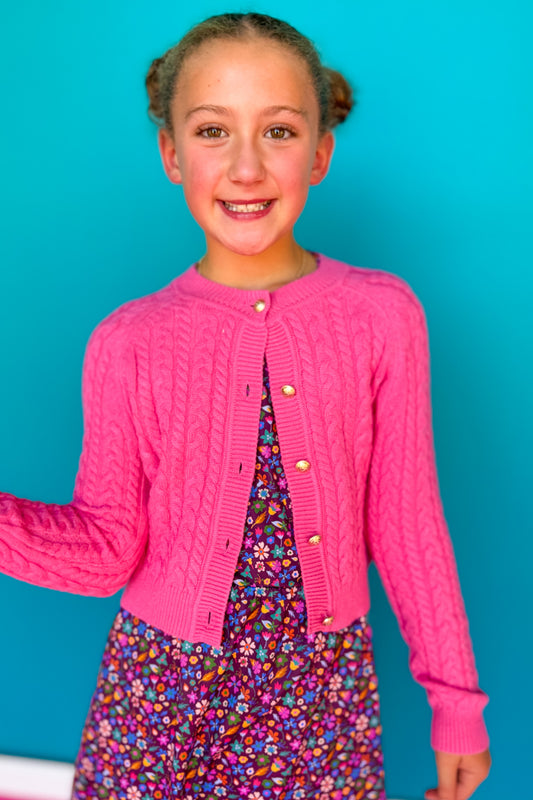 SSYS Kids Lizzy Cable Knit Cardigan In Bubblegum