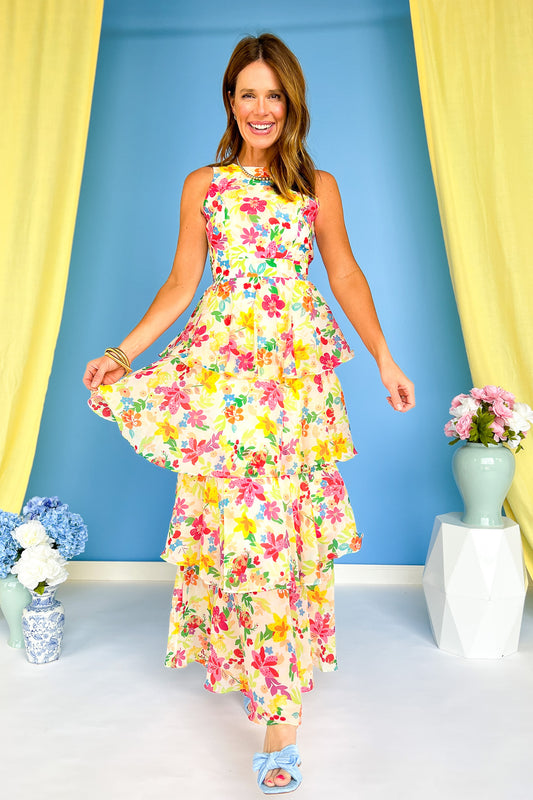 Ivory Multi Floral Print Round Neck Sleeveless Back Tie Layered Maxi Dress *FINAL SALE*
