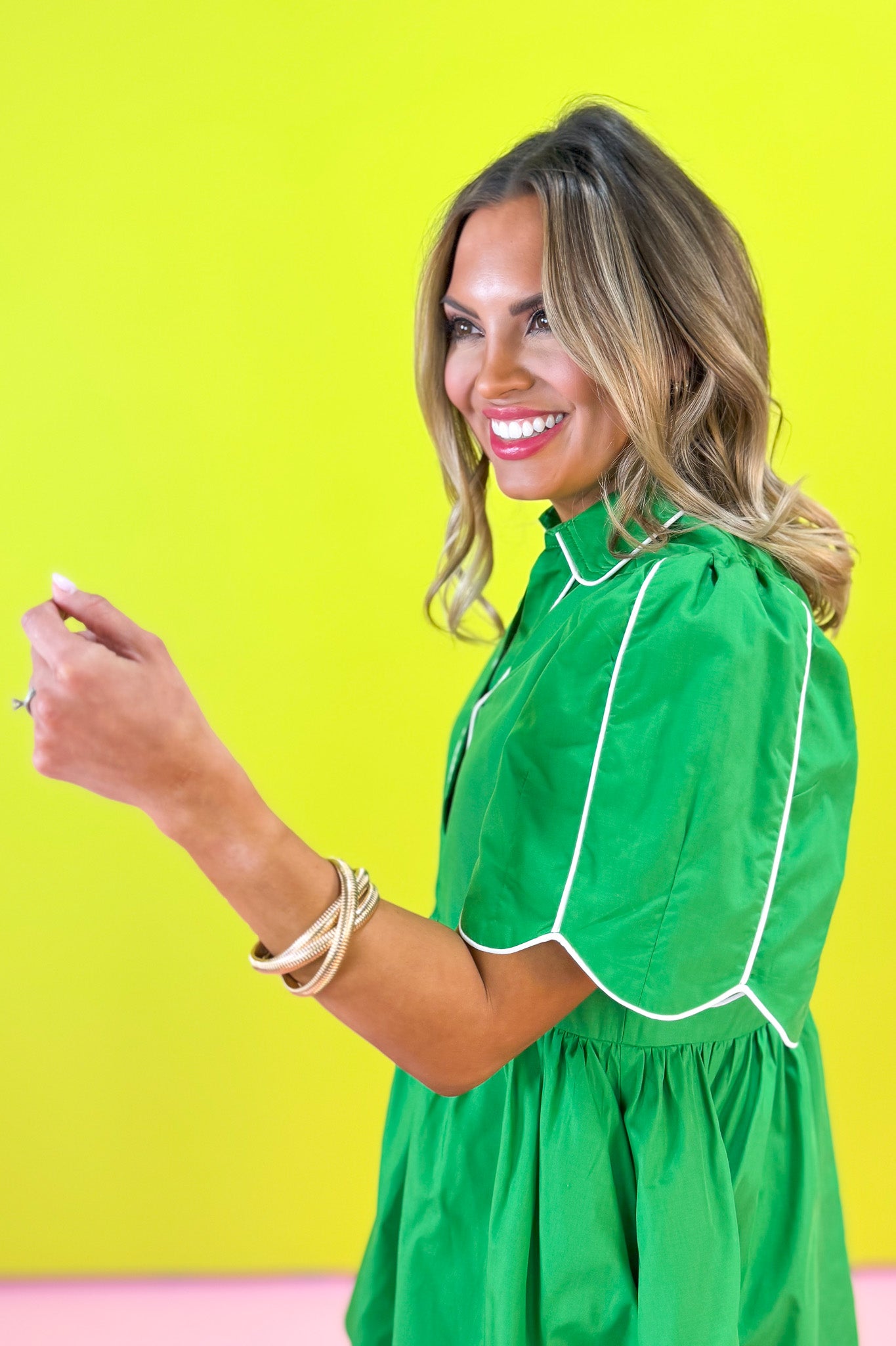 Green Contrast Binding Inset Tulip Hem Sleeve Dress *FINAL SALE*