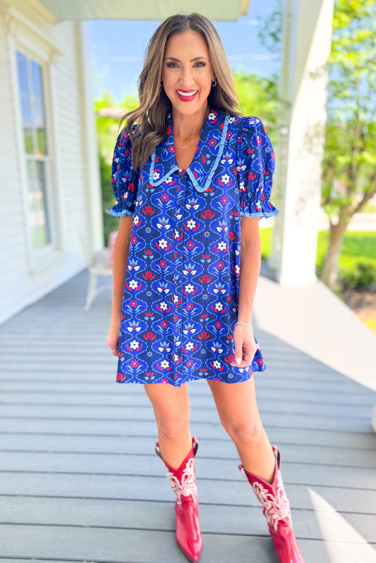 SSYS Gemma Peter Pan Collared Dress In Royal Light Blue Scallop Floral, ssys exclusive, ssys print, easy to wear, must have dress, ssys by mallory fitzsimmons