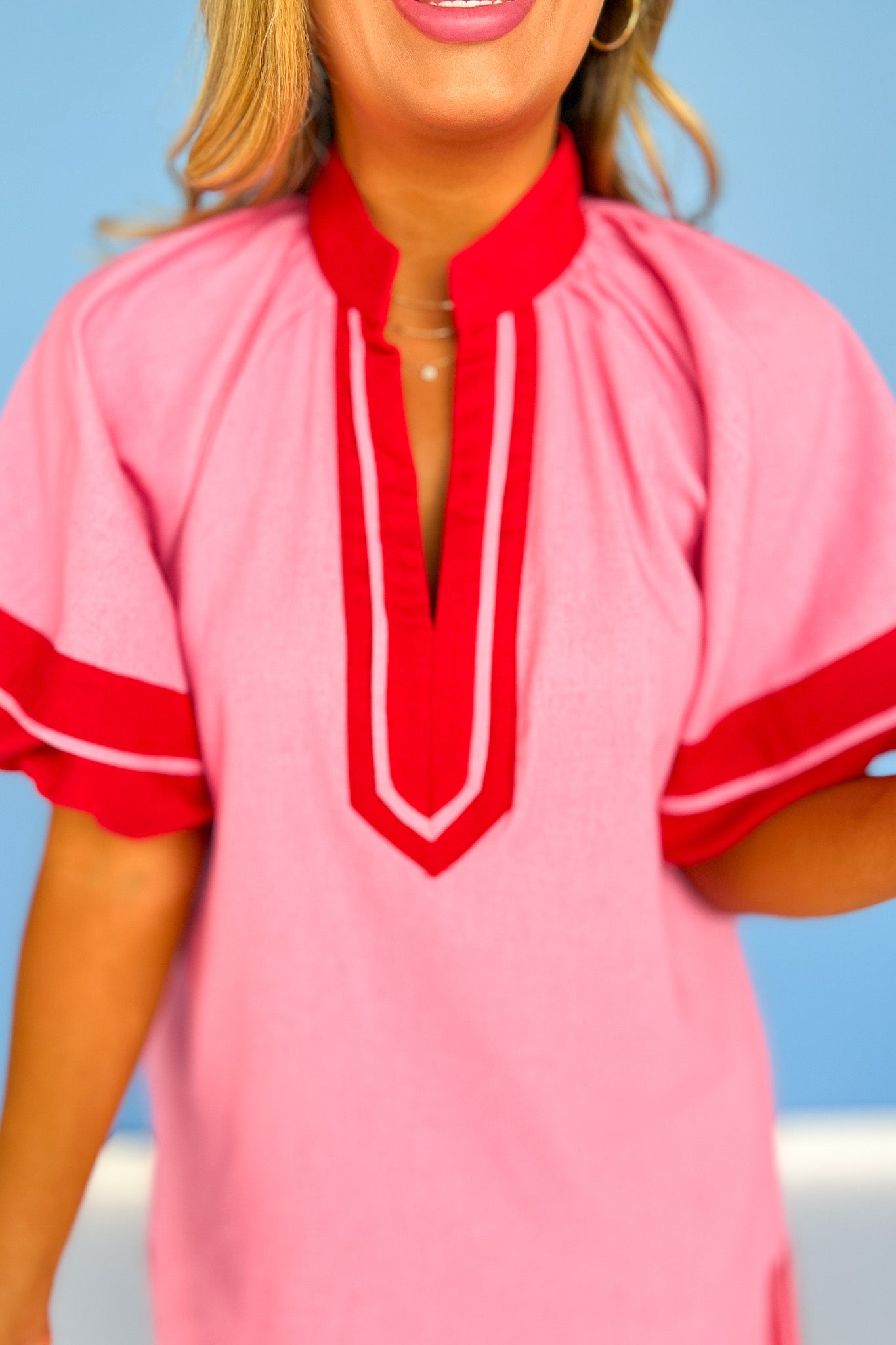 Pink Contrast Trim Placket Stand Collar Short Puff Sleeve Dress, ssys by mallory fitzsimmons