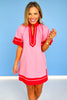 Pink Contrast Trim Placket Stand Collar Short Puff Sleeve Dress, ssys by mallory fitzsimmons