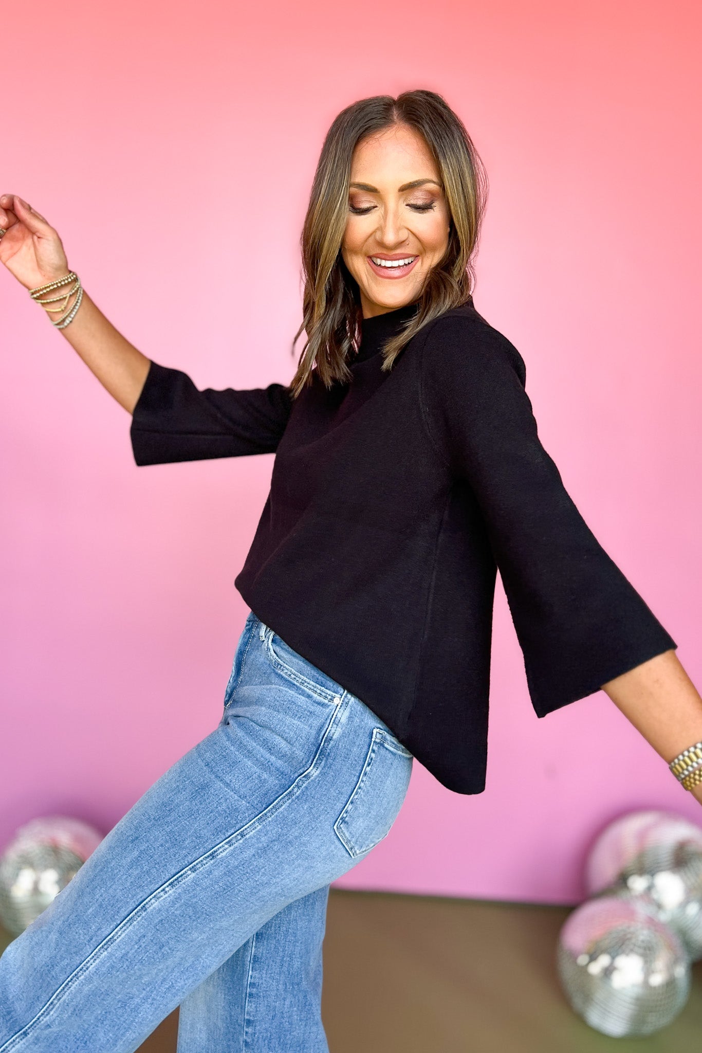 SSYS The Betsy Mock Neck Bell Sleeve Sweater In Black, ssys saturday steal, ssys sweater, basic sweater, must have sweater, elevated sweater, fall fashion, fall sweater, mom style, ssys by mallory fitzsimmons