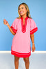 Pink Contrast Trim Placket Stand Collar Short Puff Sleeve Dress, ssys by mallory fitzsimmons