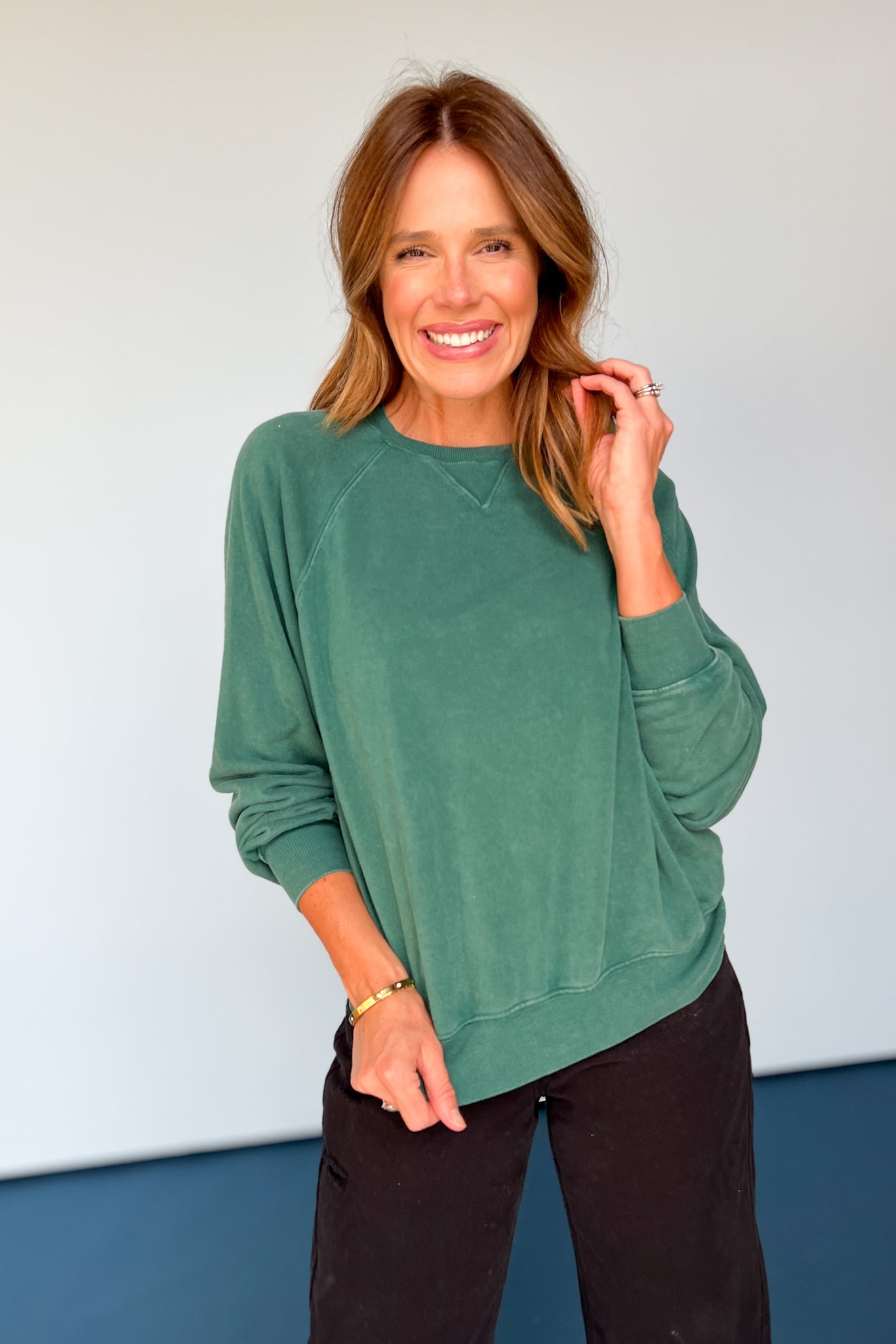 green Washed Ribbed Knit Accent Sweatshirt, must have sweat shirt, perfect fall top, must have fall top, elevated basic top, elevated everyday wear top, easy to wear top, cozy fall top, comfy fall top, SSYS by mallory fitsimmons