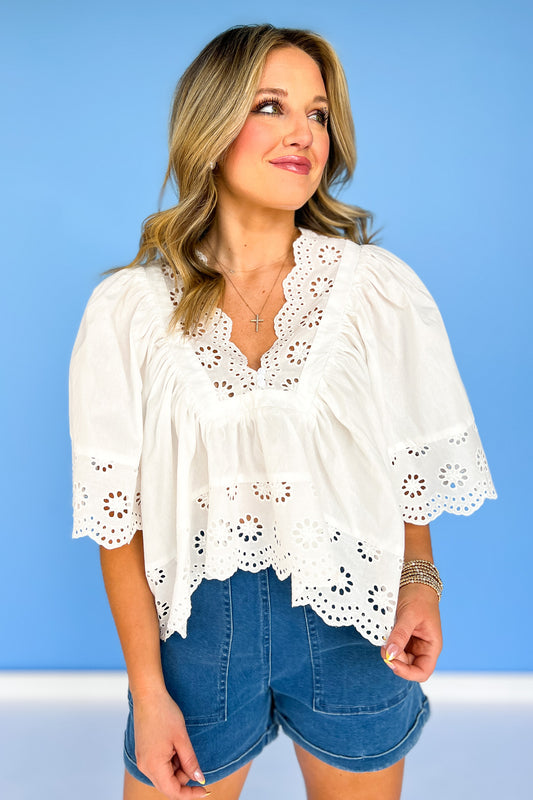 White Eyelet Detail Pleat Short Sleeve Top *FINAL SALE*