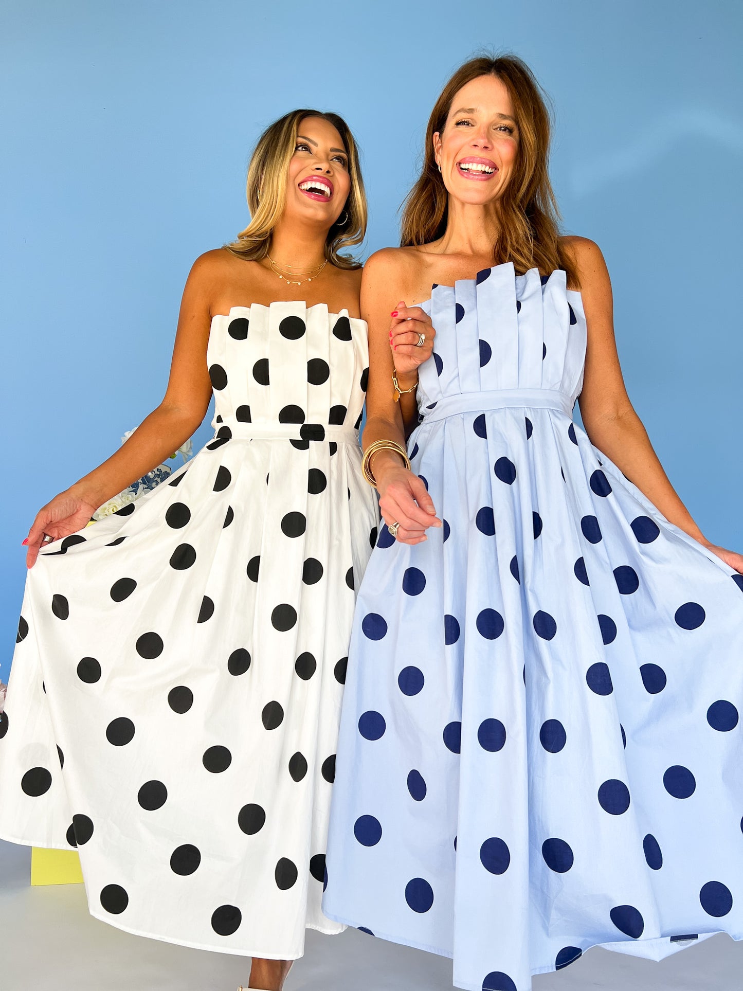 Blue Polka Dot Pleated Bodice Midi Dress