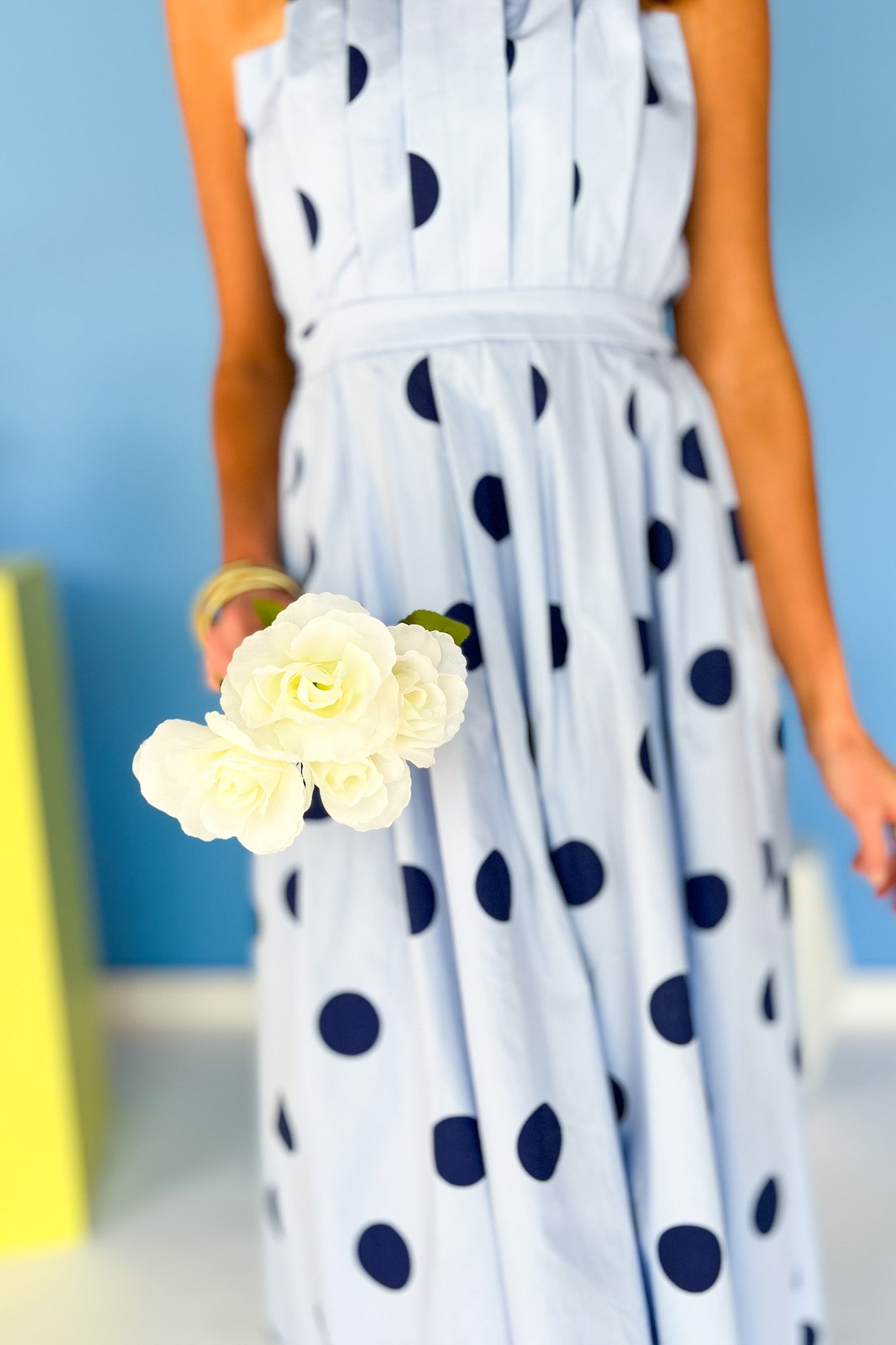 Blue Polka Dot Pleated Bodice Midi Dress