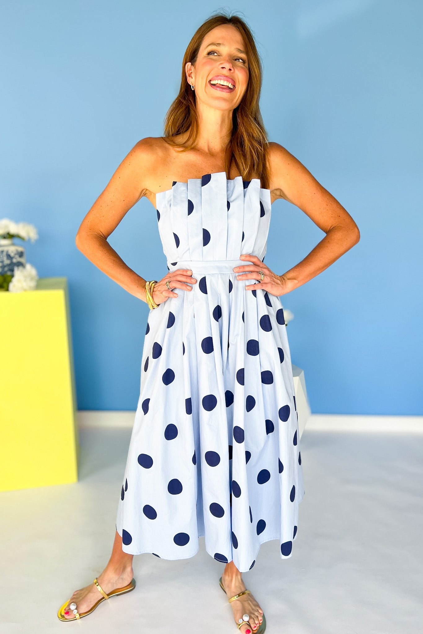 Blue Polka Dot Pleated Bodice Midi Dress
