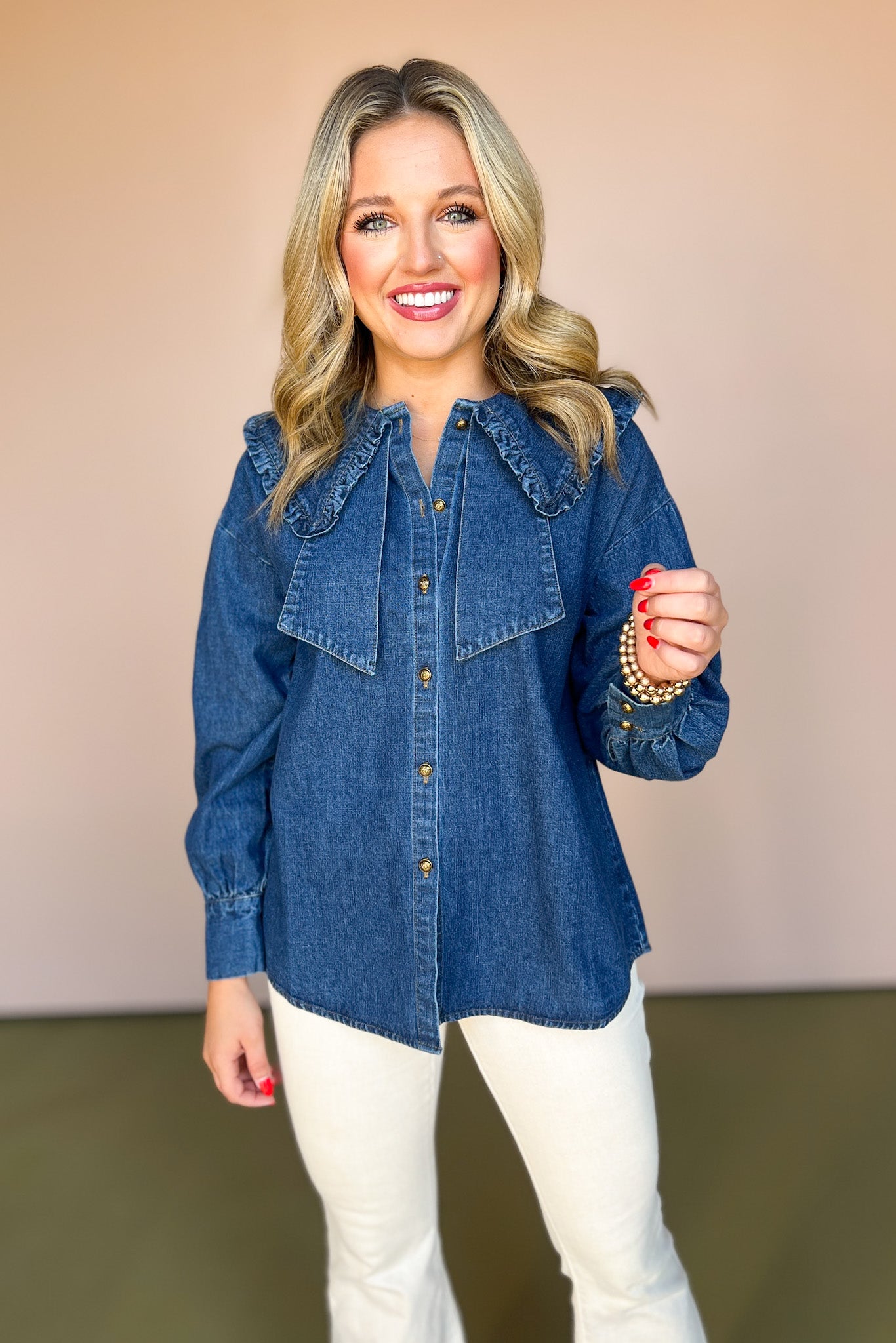Denim Ruffled Peter Pan Collar Button Up Top, must have denim top, on trend top, must have fall top, must have denim top, fall fashion, chic fall fashion, western wear fashion, trendy top, trendy denim top, SSYS by mallory Fitzsimmons