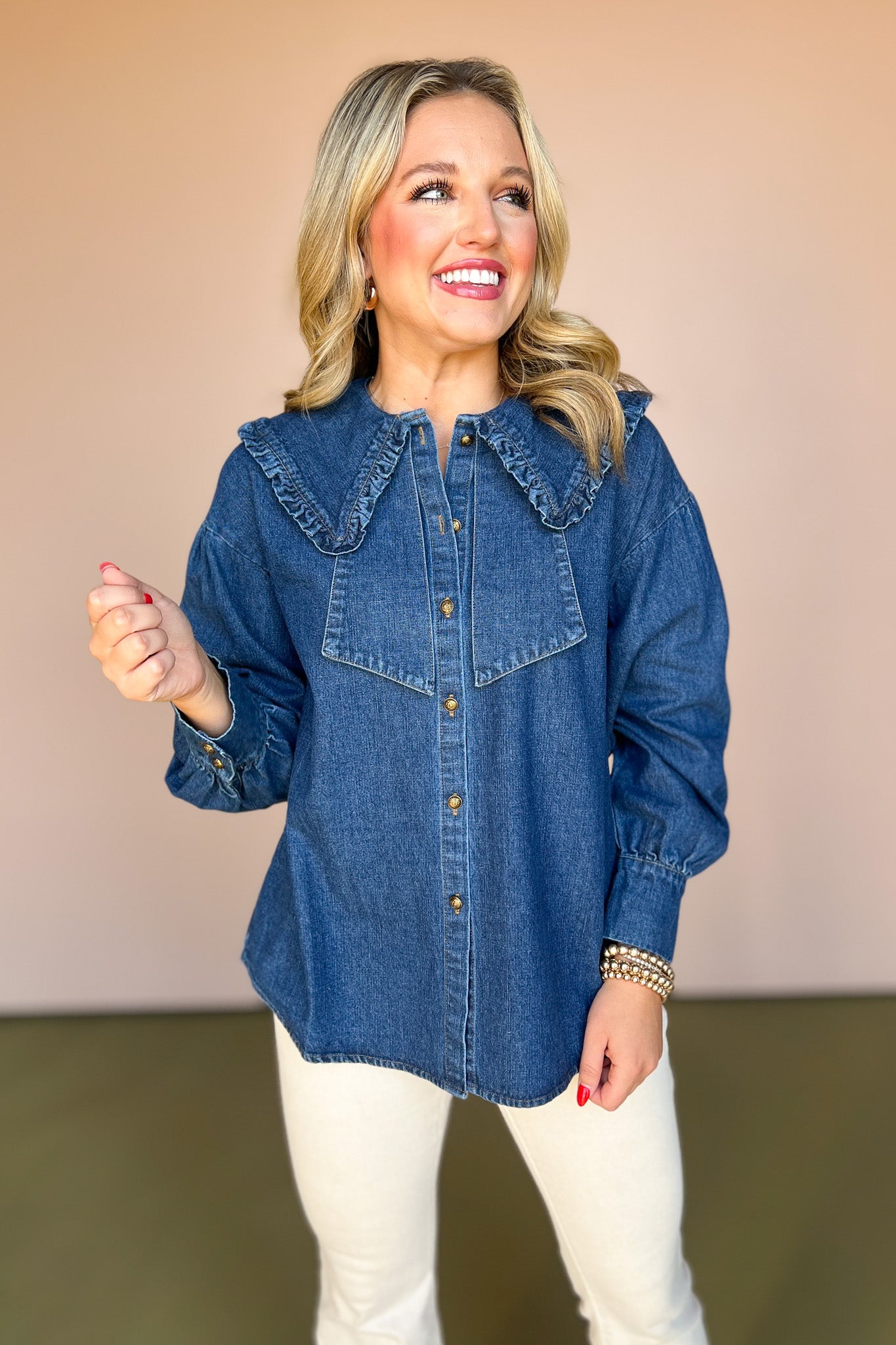 Denim Ruffled Peter Pan Collar Button Up Top, must have denim top, on trend top, must have fall top, must have denim top, fall fashion, chic fall fashion, western wear fashion, trendy top, trendy denim top, SSYS by mallory Fitzsimmons