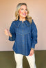 Denim Ruffled Peter Pan Collar Button Up Top, must have denim top, on trend top, must have fall top, must have denim top, fall fashion, chic fall fashion, western wear fashion, trendy top, trendy denim top, SSYS by mallory Fitzsimmons
