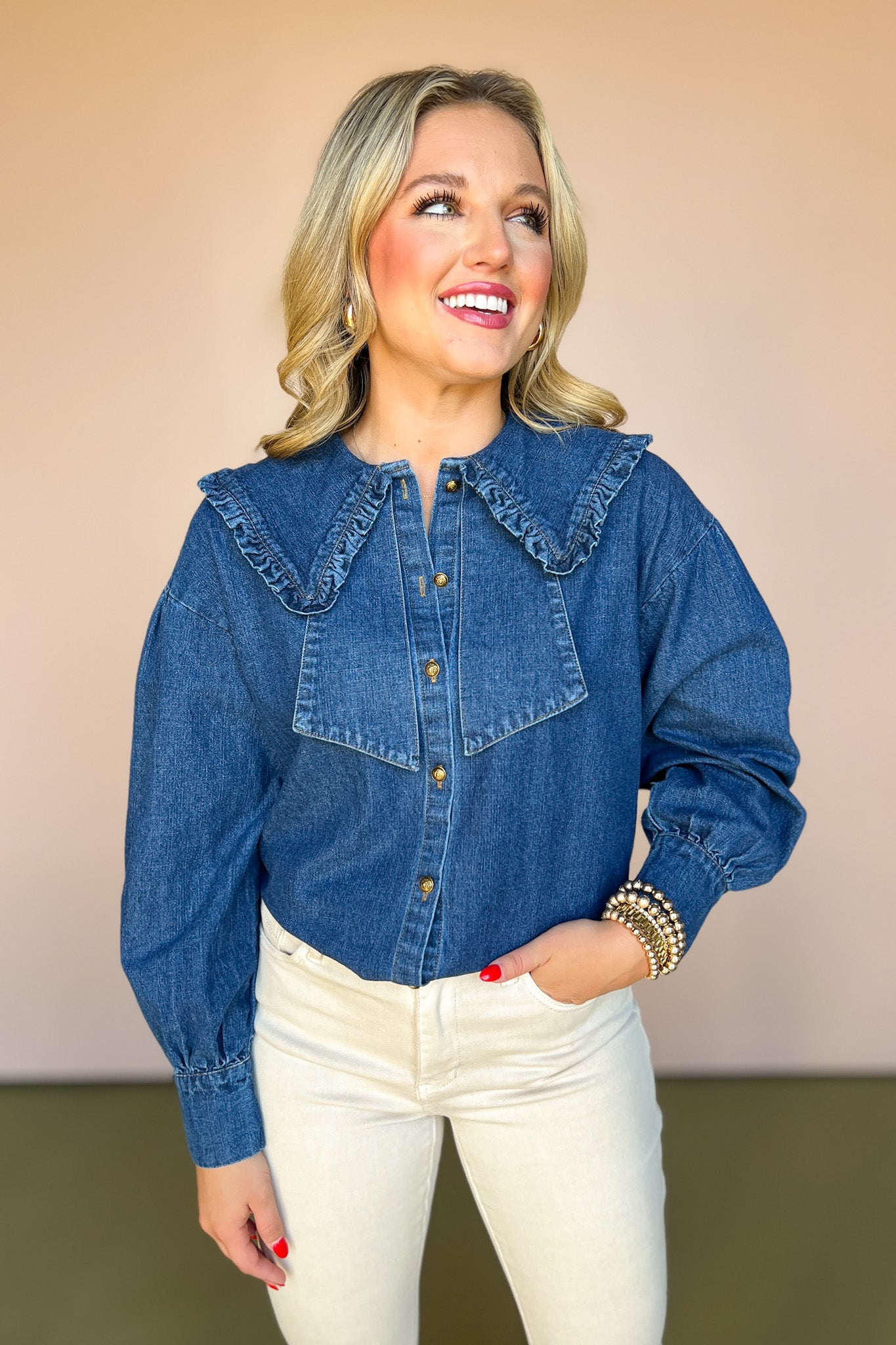 Denim Ruffled Peter Pan Collar Button Up Top, must have denim top, on trend top, must have fall top, must have denim top, fall fashion, chic fall fashion, western wear fashion, trendy top, trendy denim top, SSYS by mallory Fitzsimmons