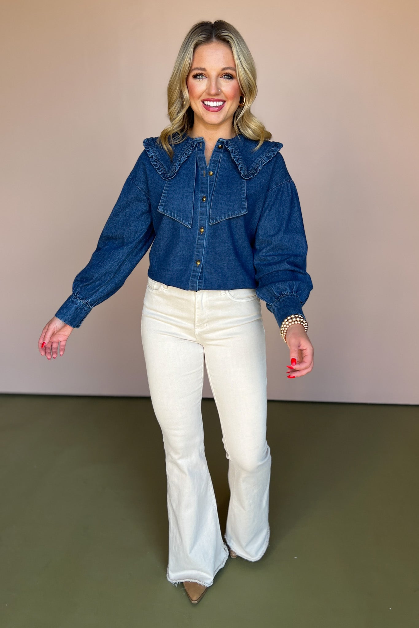 Denim Ruffled Peter Pan Collar Button Up Top, must have denim top, on trend top, must have fall top, must have denim top, fall fashion, chic fall fashion, western wear fashion, trendy top, trendy denim top, SSYS by mallory Fitzsimmons