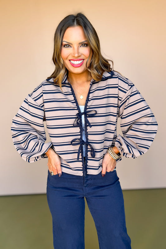 Taupe Stripe Collared Self Tie Detail Cardigan, must have cardigan, must have fall cardigan, winter cardigan, on trend cardigan, trendy cardigan, tie front cardigan, bow detail, bow trend, SSYS by mallory Fitzsimmons