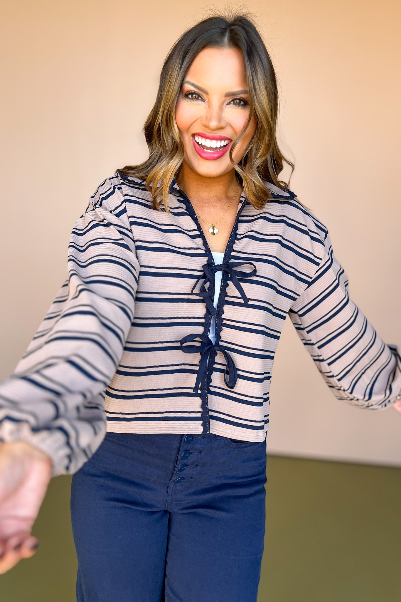 Taupe Stripe Collared Self Tie Detail Cardigan, must have cardigan, must have fall cardigan, winter cardigan, on trend cardigan, trendy cardigan, tie front cardigan, bow detail, bow trend, SSYS by mallory Fitzsimmons