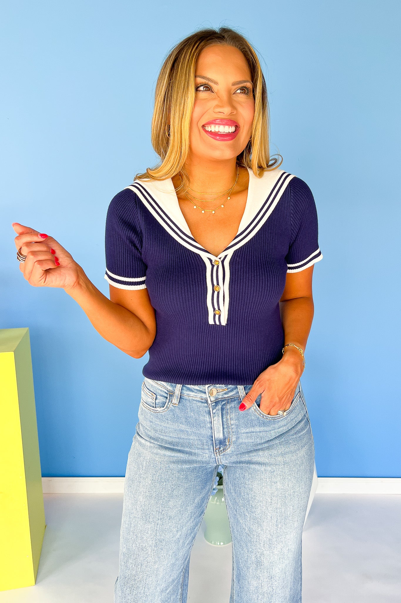 Navy Knit Sailor Collar Short Sleeve Top *FINAL SALE*