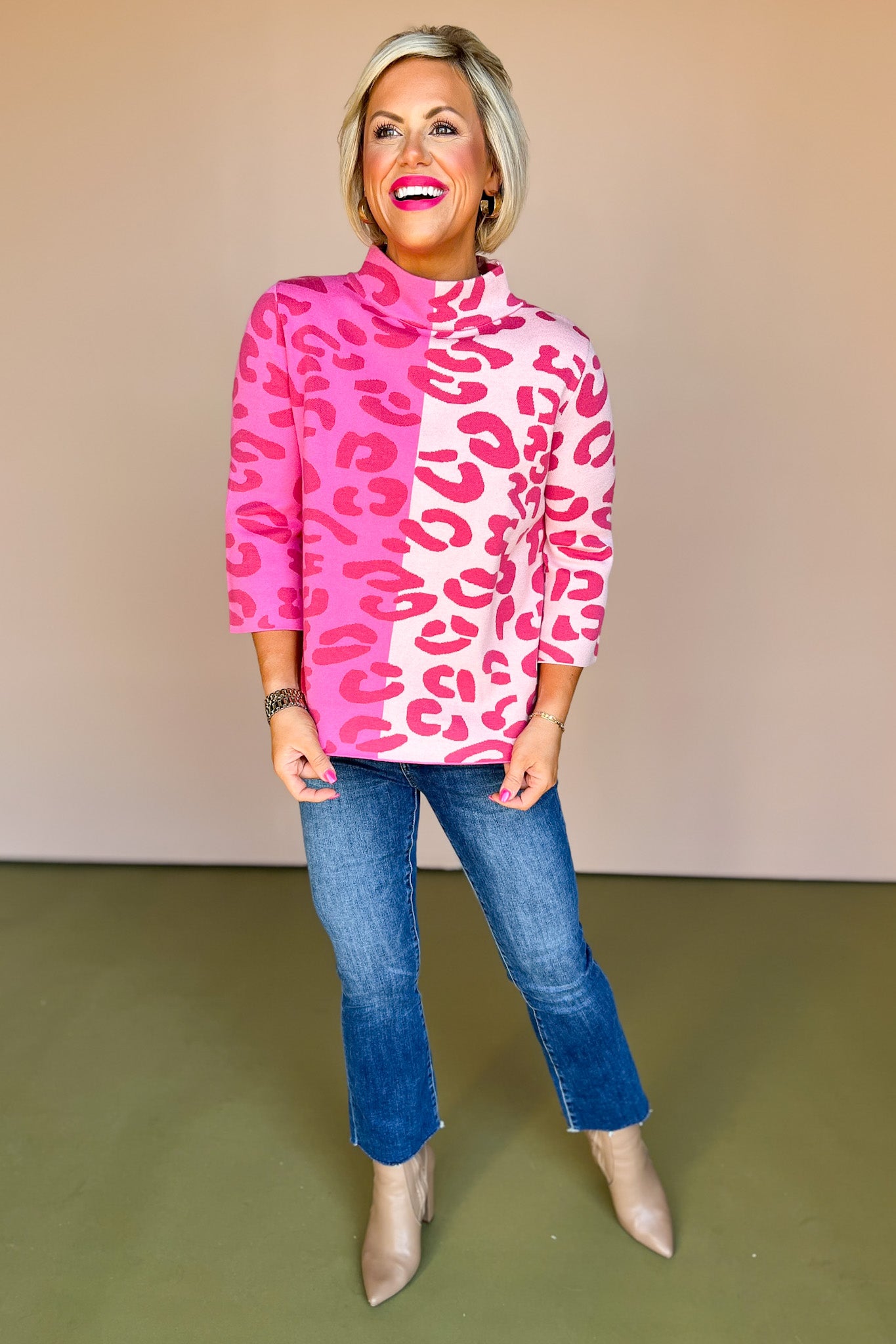 Pink Animal Print Colorblock Mock Neck Sweater, must have sweater, cute leopard sweater, patterned sweater, fall fashion, elevated style, mom style, SSYS by mallory Fitzsimmons