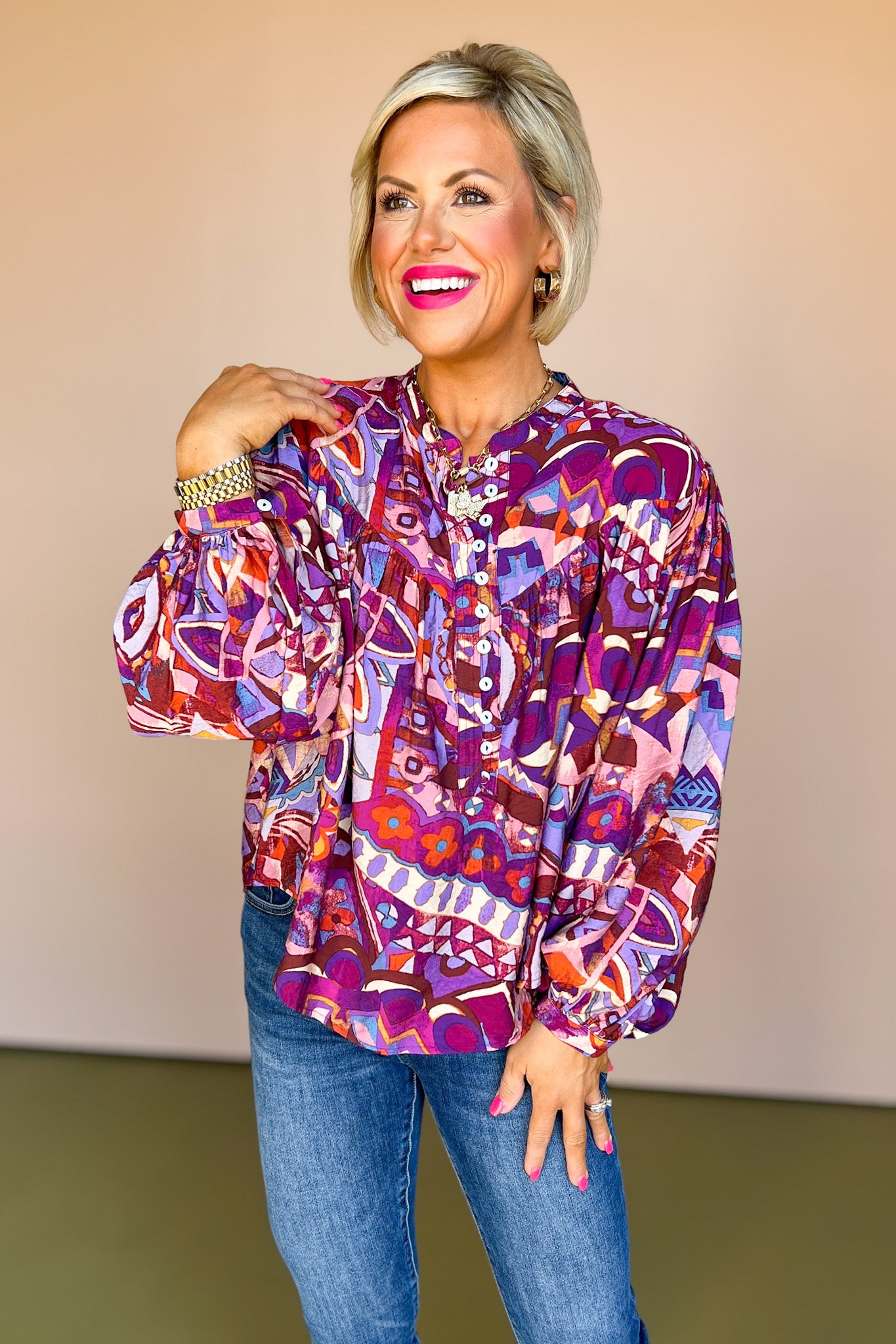 Purple Multi Print Yoke Detail Button Front Top, must have top, new arrivals top, button down top, fall fashion, purple top, chic top, work wear, mom style, elevated style, puff sleeve top, SSYS by mallory Fitzsimmons