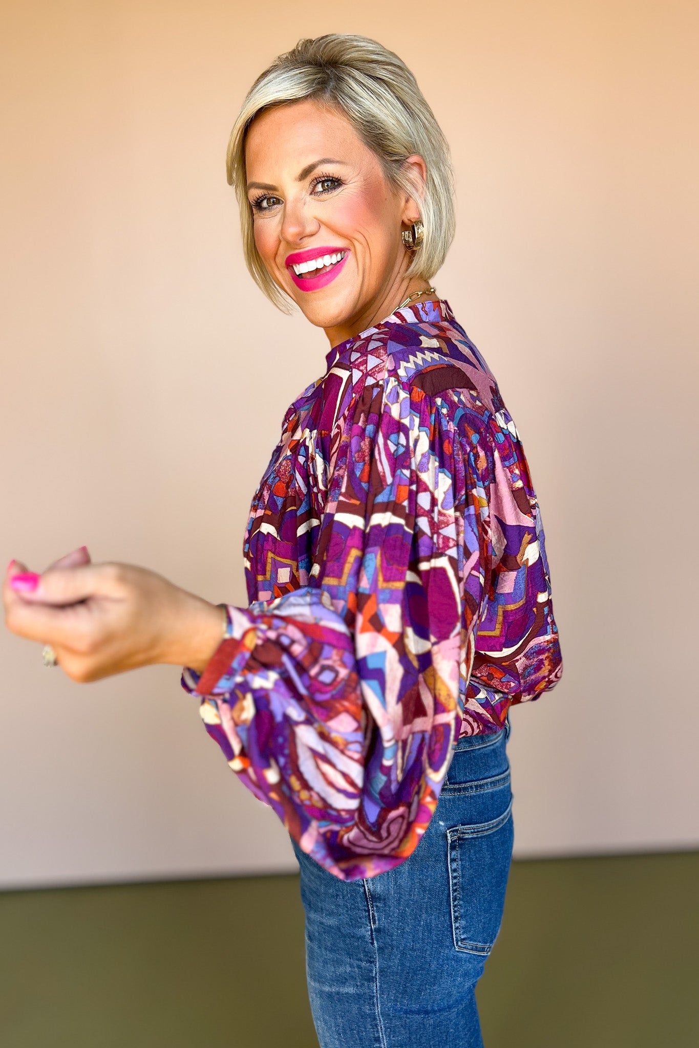 Purple Multi Print Yoke Detail Button Front Top, must have top, new arrivals top, button down top, fall fashion, purple top, chic top, work wear, mom style, elevated style, puff sleeve top, SSYS by mallory Fitzsimmons
