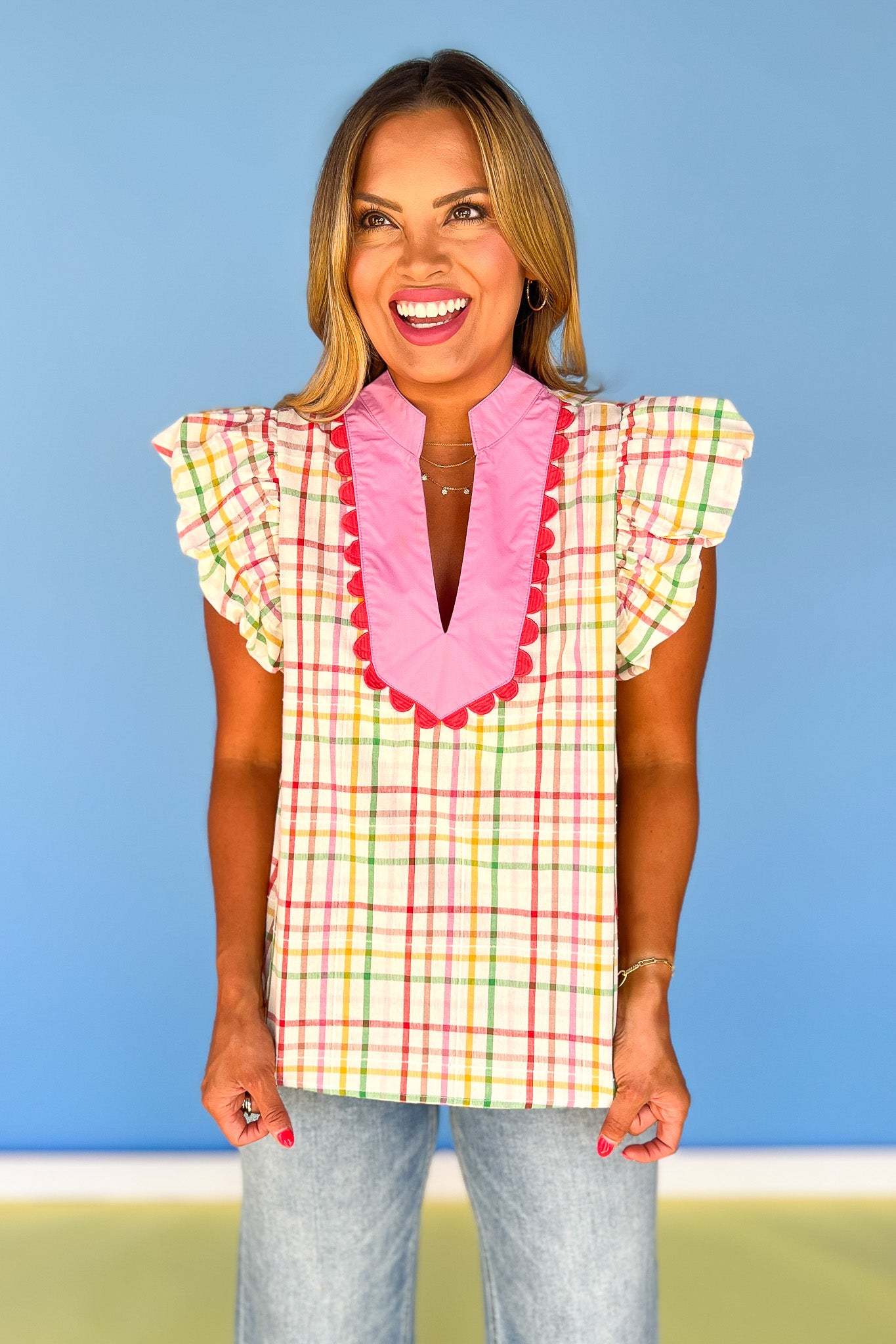 Off White Multi Plaid Print Ruffle Sleeve Contrast Neckline Top, ssys by mallory fitzsimmons