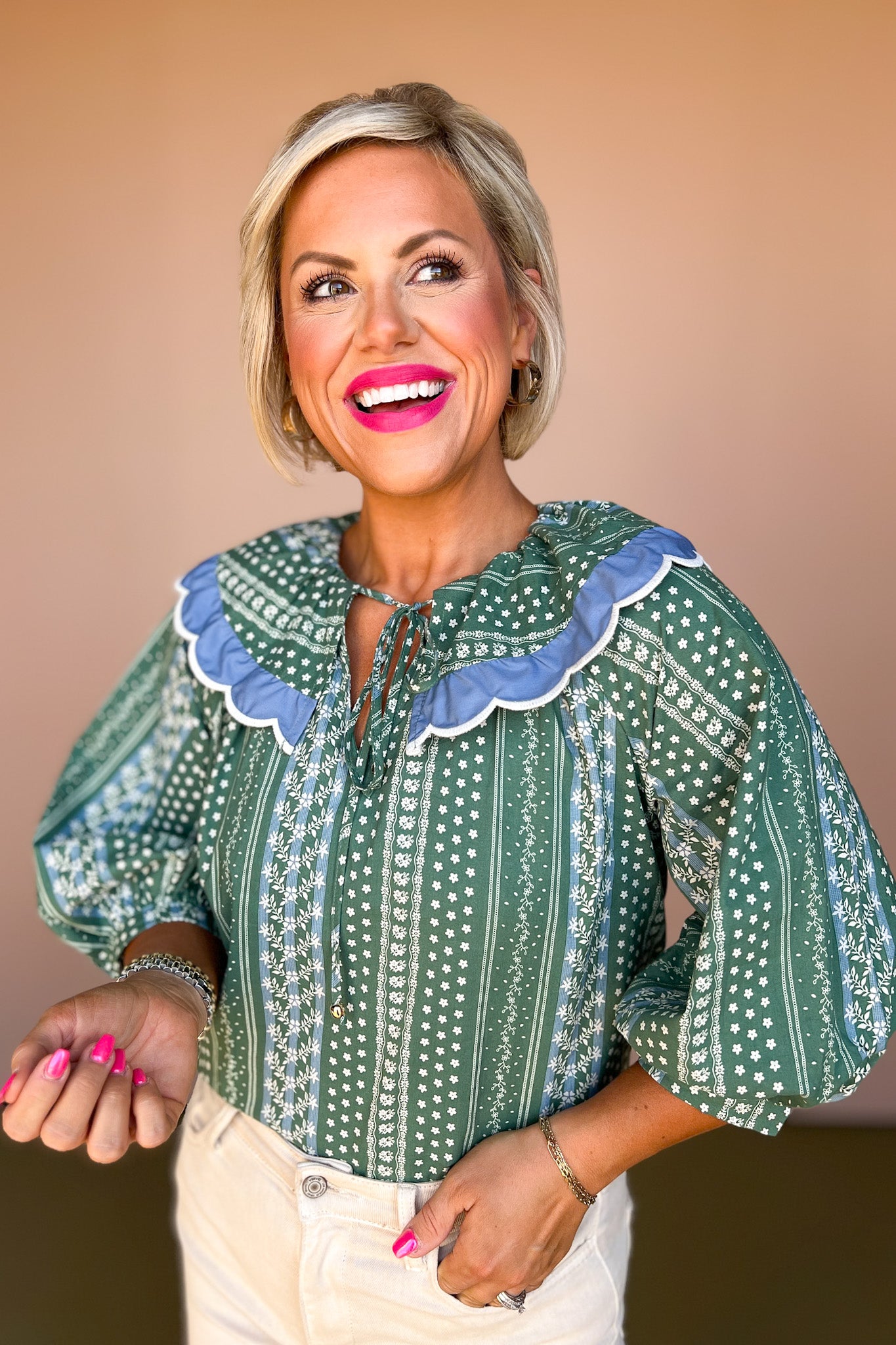 Green Printed Half Sleeve Scalloped Detail Top,must have top, must have style, fall style, fall fashion, elevated style, elevated style, mom style, shop style your senses by mallory fitzsimmons, ssys by mallory fitzsimmons