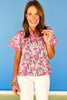 Pink Floral Print Frill V Neck Lace Trim Short Sleeve Top, ssys by mallory fitzsimmons