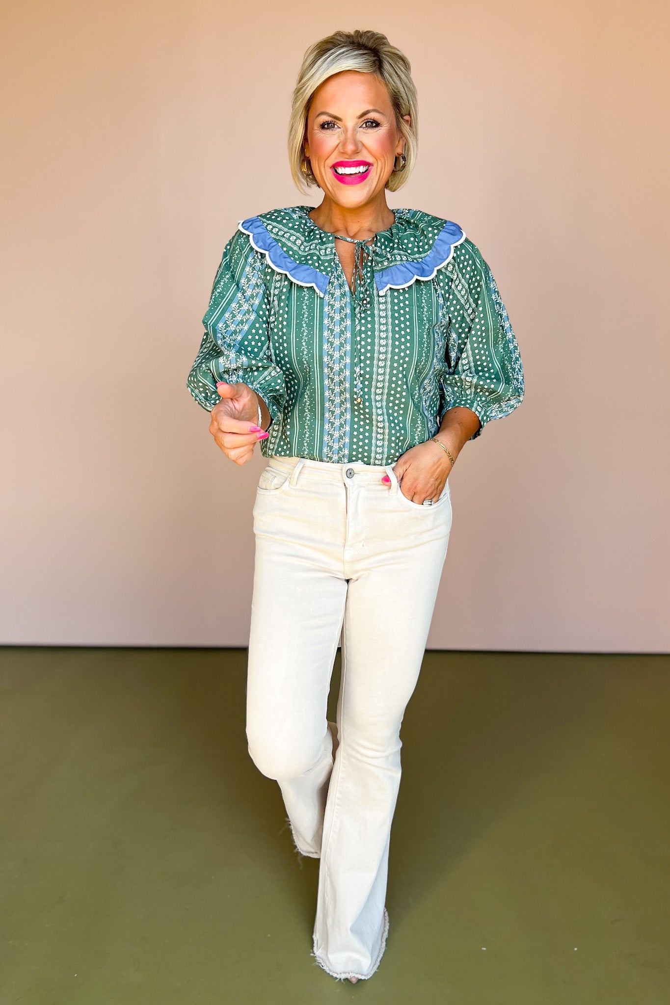 Green Printed Half Sleeve Scalloped Detail Top,must have top, must have style, fall style, fall fashion, elevated style, elevated style, mom style, shop style your senses by mallory fitzsimmons, ssys by mallory fitzsimmons