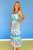 Blue Multi Printed Woven Ric Rac Trim Midi Dress, ssys by mallory fitzsimmons