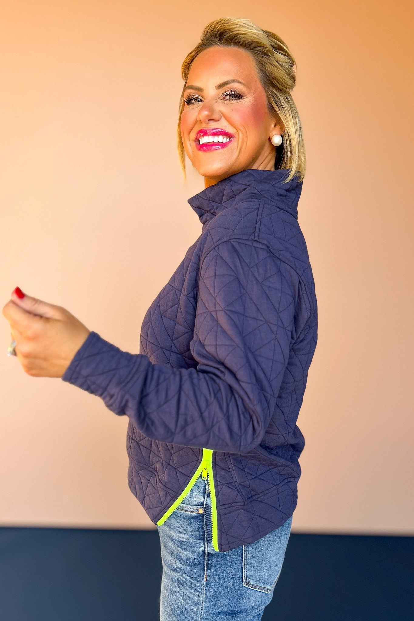 SSYS Ava Diamond Quilted Pullover In Navy With Lime Zipper *FINAL SALE*