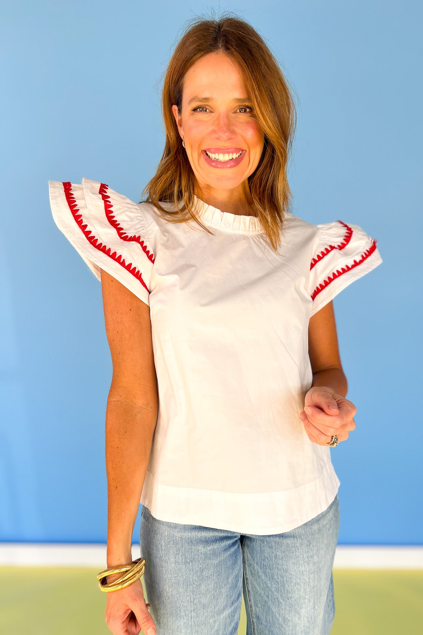 Off White Contrast Embroidered Layered Sleeve Top, ssys by mallory fitzsimmons